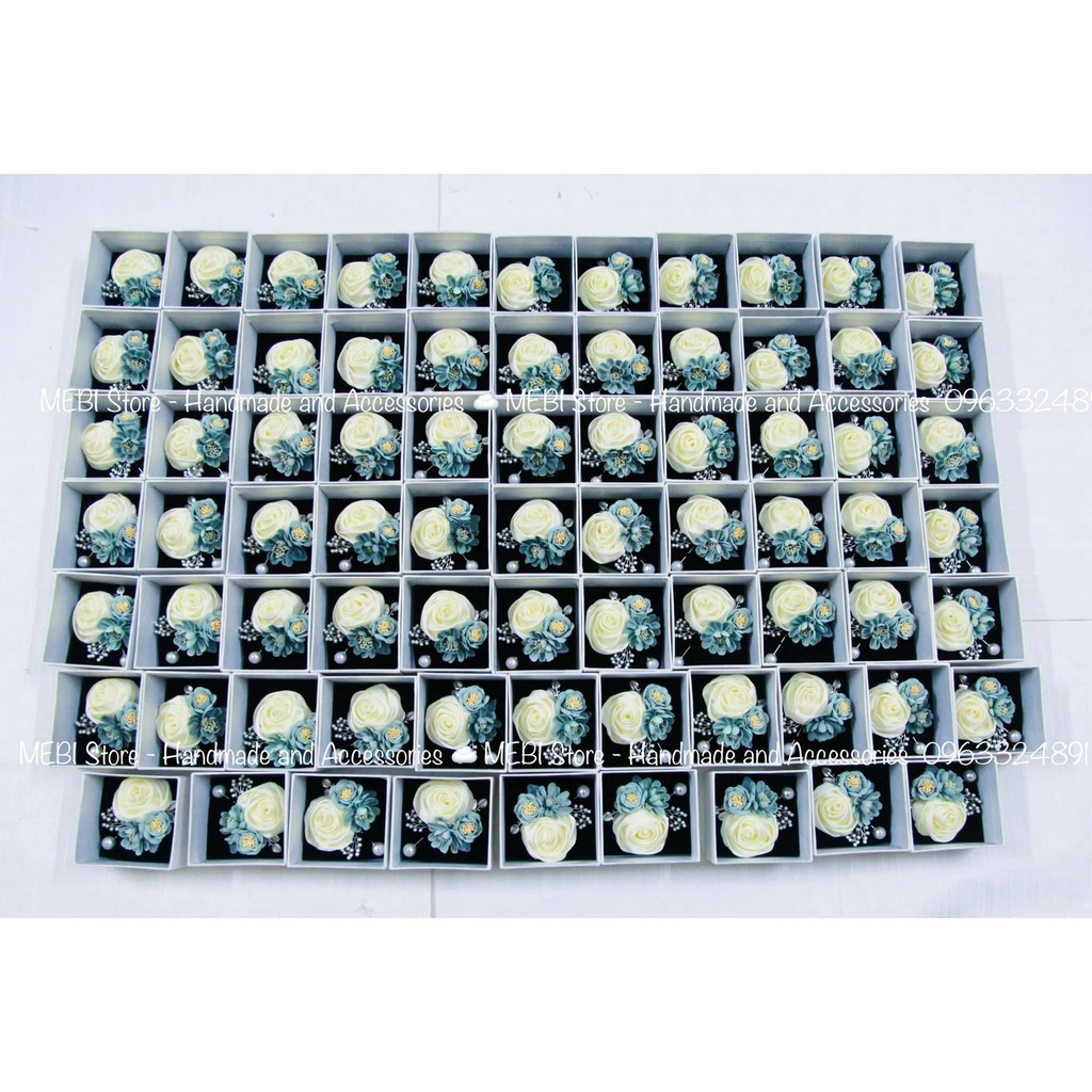 Hoa cài áo MEBI handmade mẫu hồng trắng mix xanh tây siêu sang