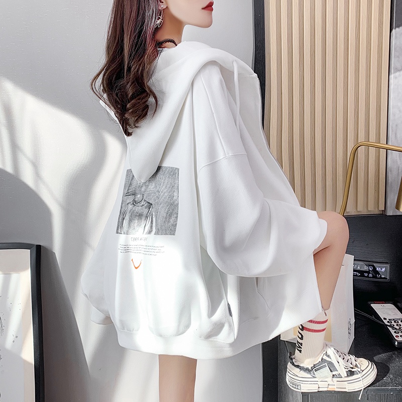 ZHELIHANGFEI Áo Hoodie Tay Dài Dáng Rộng Có Khóa Kéo Theo Phong Cách Preppy Dễ Phối Đồ