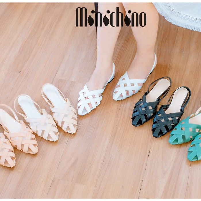 Giày sandal nữ gót cao 1,5cm MINICHINO giày búp bê nữ dáng slingback da mờ mũi nhọn hở gót phối dây màu nâu nhạt TC039