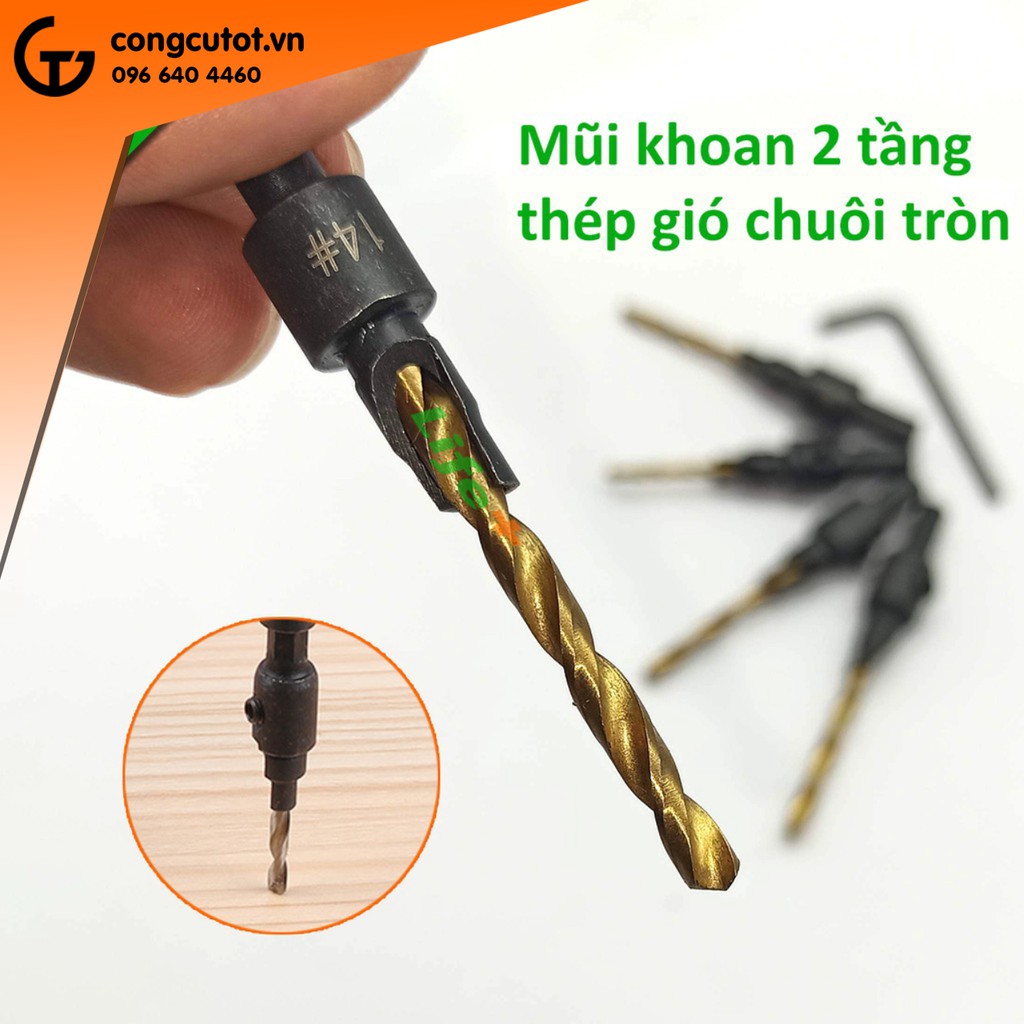 Bộ 5 mũi khoan 2 tầng chỉnh cữ bắt âm mũ vít 2.38-3.97mm phủ titan chuôi tròn