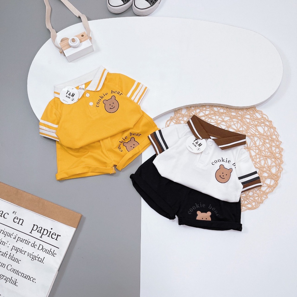 Bộ quần áo bé trai, Set Áo Thun Polo classic ngắn tay và Quần đùi logo gấu, bộ cotton mùa hè cho bé từ 7 đến 18 kg