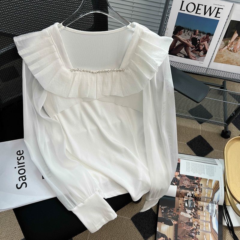 Áo Sơ Mi Nữ Tay Dài Cổ Vuông Viền Lá Sen Thời Trang Hàn Quốc Mới