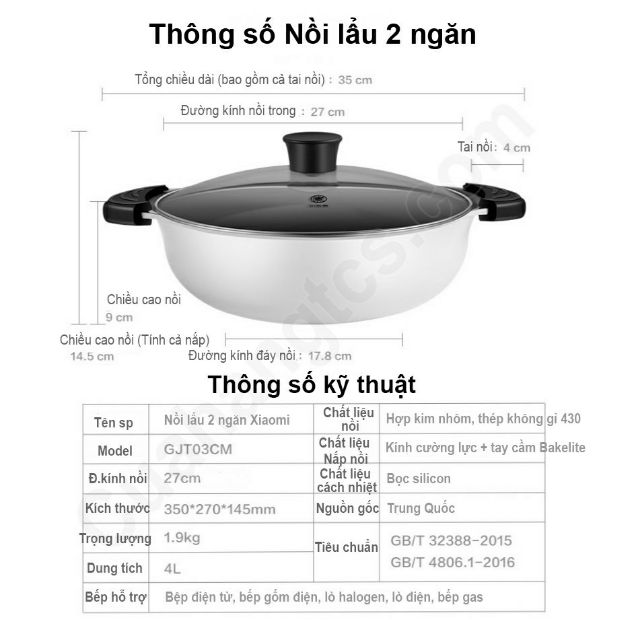 🔝 Nồi lẩu 2 ngăn 2 vị Xiaomi Mijia 4L Induction Cooker hợp kim nhôm , thép Inox 430 không gỉ 💛 [ 💯 HÀNG CHÍNH HÃNG]