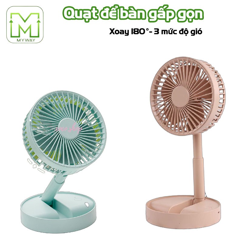 Quạt Tích Điện Gấp Gọn - Quạt Mini Để Bàn Xoay 180 Độ, 3 Tốc Độ Gió, Cổng Sạc USB, Có Thể Tháo Rời Cầm Tay