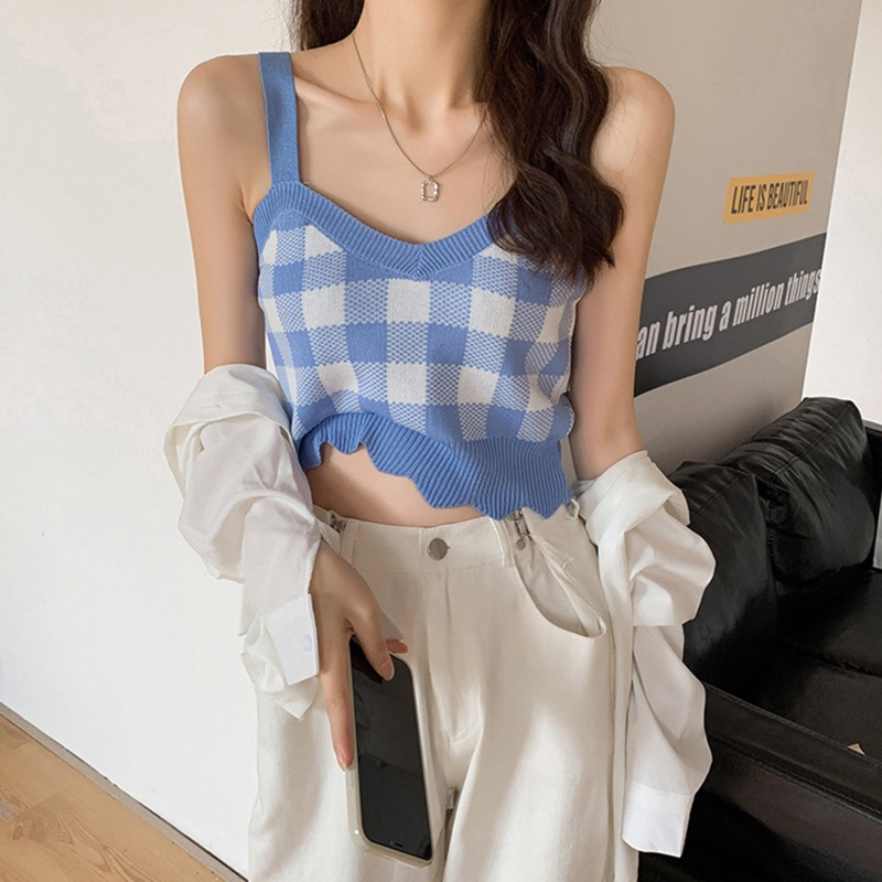 Áo Croptop Dệt Kim Không Tay Cổ Chữ V Họa Tiết Kẻ Sọc Ca Rô Quyến Rũ Cho Nữ