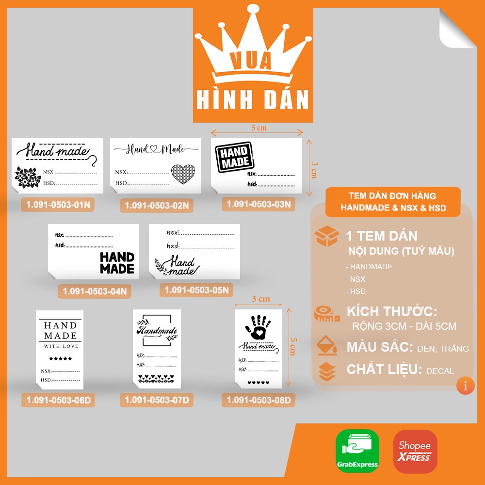 Set 50/100 nhãn dán HANDMADE kèm NGÀY SẢN XUẤT NSX, HẠN SỬ DỤNG HSD  - tem dán gói hàng dành cho shop
