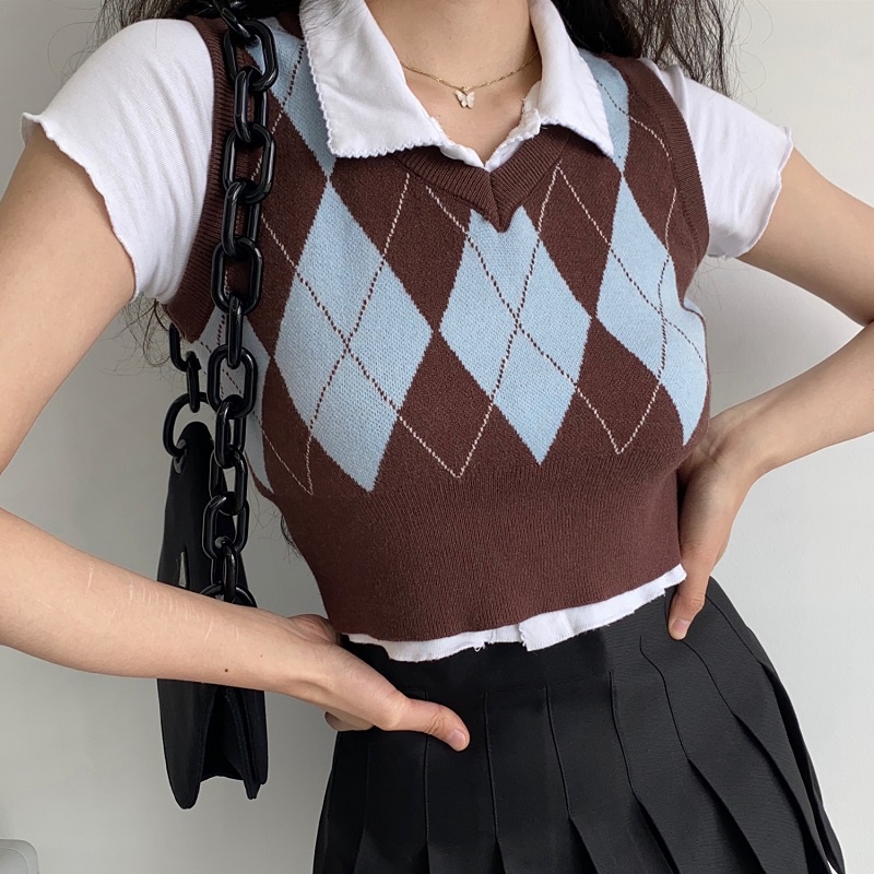 Porozi  Áo len không tay cổ chữ V họa tiết hình thoi cho nữ