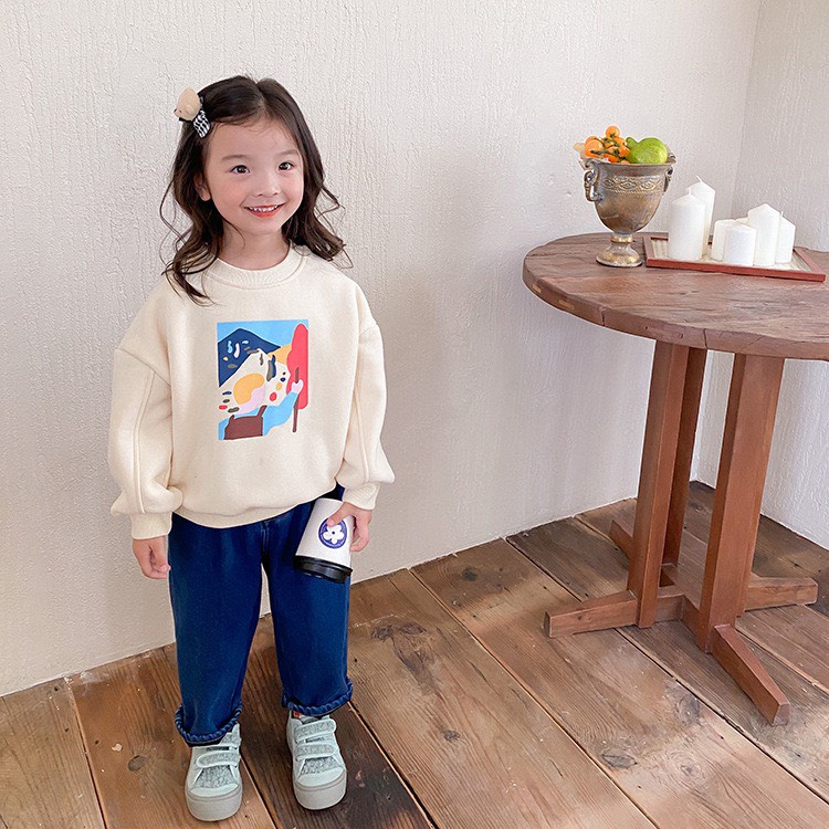 Áo nỉ cổ tròn lót lông cho bé gái/ trai cực xinh - Quần áo trẻ em thu đông Ambb Kids phong cách Hàn Quốc (có ảnh thật)