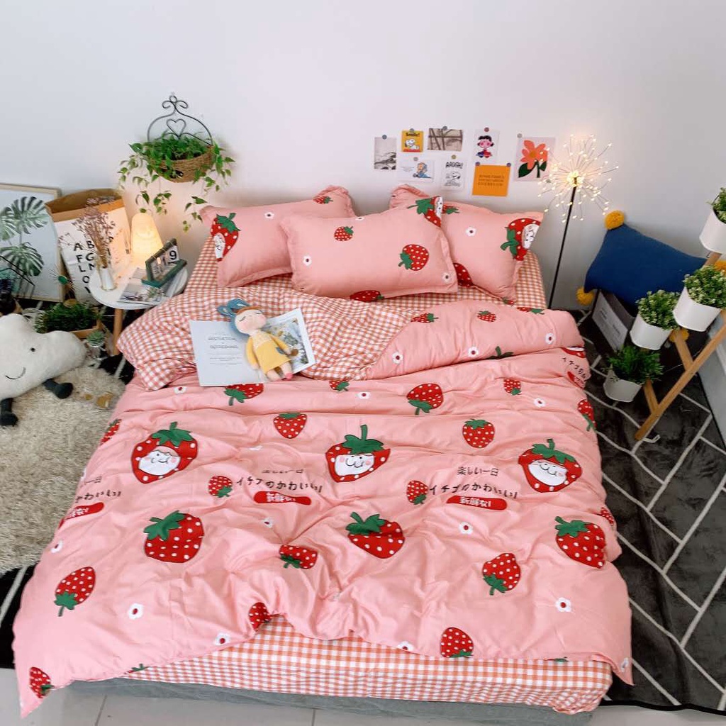 Bộ vỏ chăn ga gối cotton poly HL bedding quả dâu baby chăn ga Hàn Quốc đủ size miễn phí bo chun