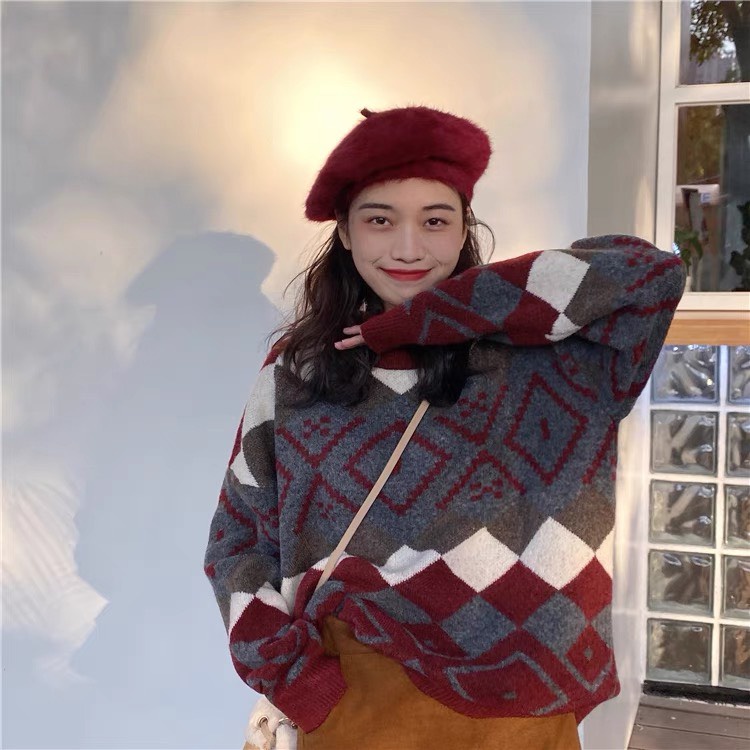 Áo Len Nữ Dày tay dài cổ tròn form rộng họa tiết caro chuẩn phong cách thời trang Hàn Quốc K5H4 | BigBuy360 - bigbuy360.vn