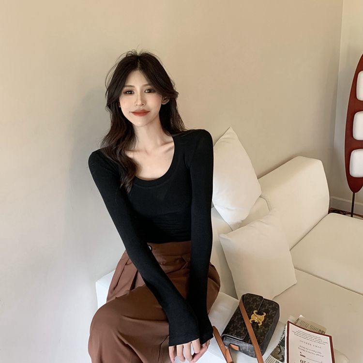 COZOK Áo Thun Tay Dài Cổ Chữ U Dáng Ôm Thời Trang Cho Nữ