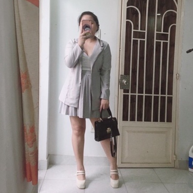 BIGSIZE Set áo vest blazer váy xếp li S278