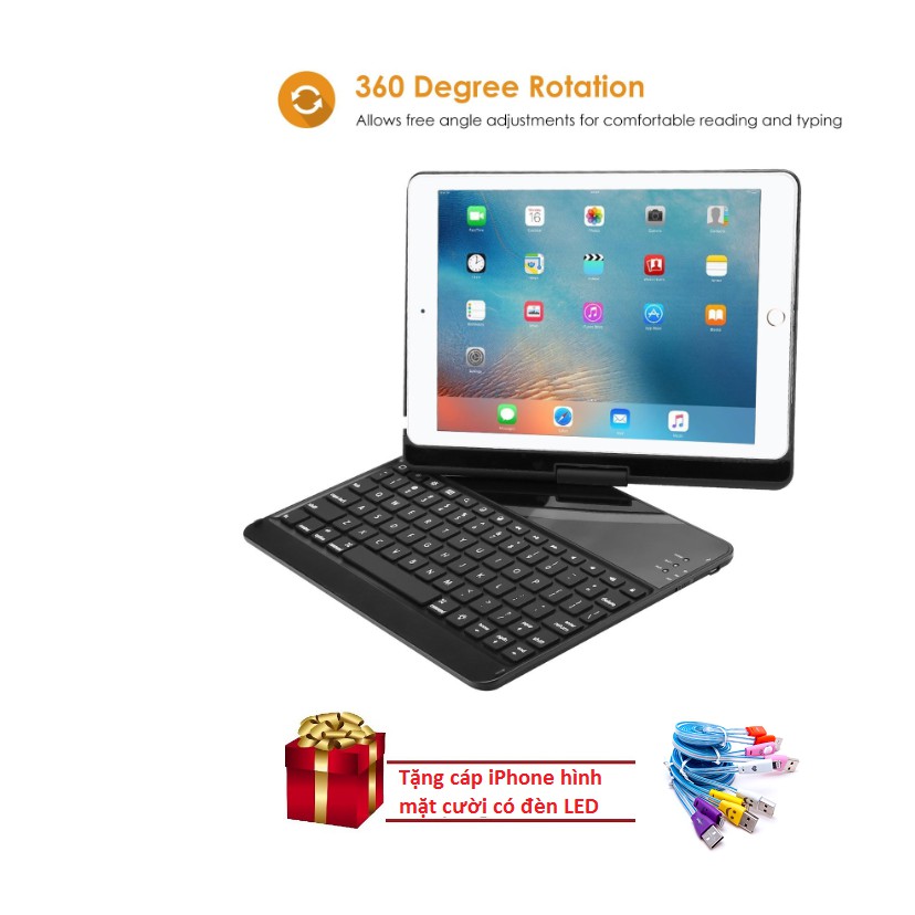 Bàn phím kiêm ốp lưng cho iPad Air 2 xoay 360 độ (Đen).Sản phẩm hot năm 2018 Tặng cáp sạc iPhone có đèn LED