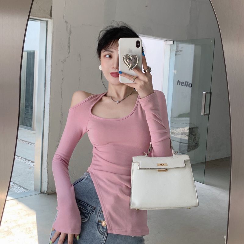 Áo thun COZOK tay dài trễ vai thiết kế lệch một bên quyến rũ hợp thời trang