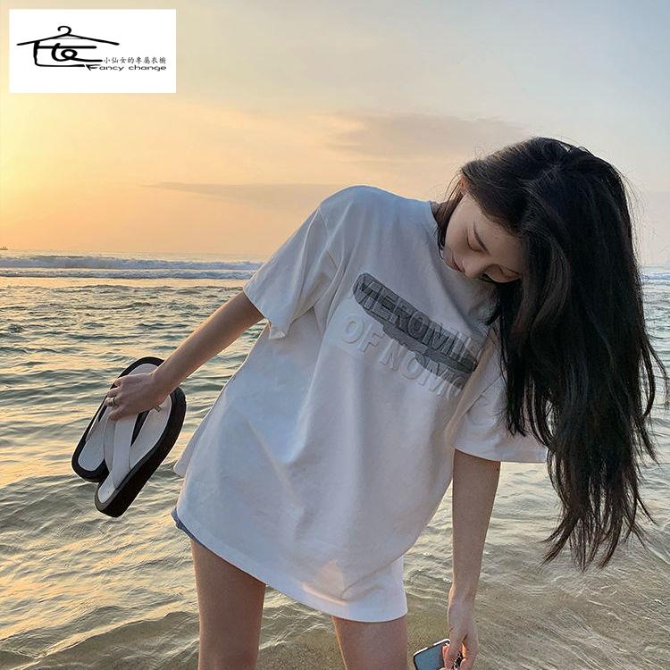 Áo Thun Tay Ngắn Dáng Rộng In Chữ Màu Xám Đậm Thời Trang Mùa Hè Hàng Mới Dành Cho Bạn Nữ 2022