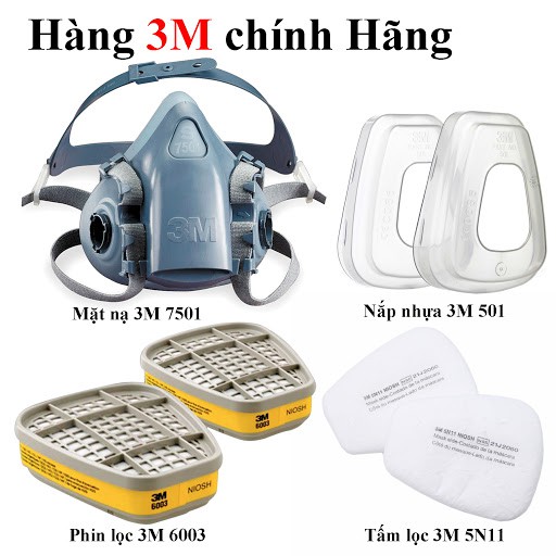 [Hàng chính hãng] Bộ mặt nạ 3M 7501(2 phin lọc 6003),Mặt nạ chống bụi độc,dùng phun xịt hóa chất,lọc hơi hữu cơ và vô cơ