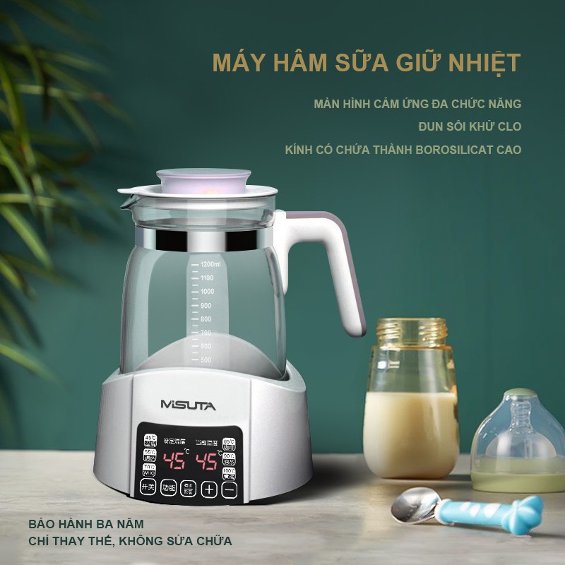 Máy hâm nước pha sữa siêu tốc giữ nhiệt thông minh MISUTA - Khử clo, xoay 360 độ mẫu mới - tặng kèm phích chuyển đổi