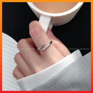 Nhẫn 1 hàng chéo hở chất liệu bạc ta nguyên chất, nhẫn đá tùy chỉnh kích cỡ
