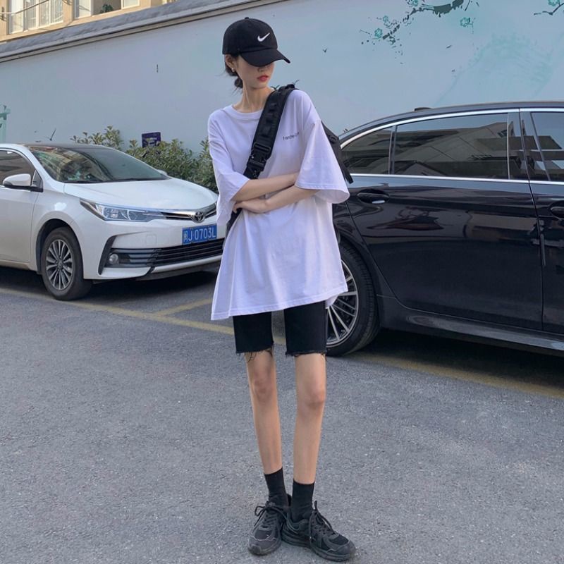 AMOI Quần Short Denim Màu Đen Lưng Cao Dáng Suông Rách Cá Tính Có Size Lớn Phong Cách Hàn Quốc Cho Nữ