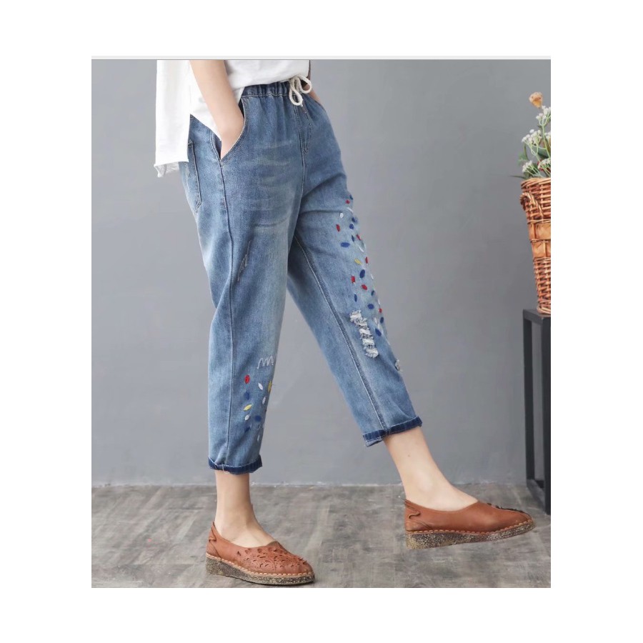 Quần bò thêu baggy nữ QB06 loại 1 bao chất