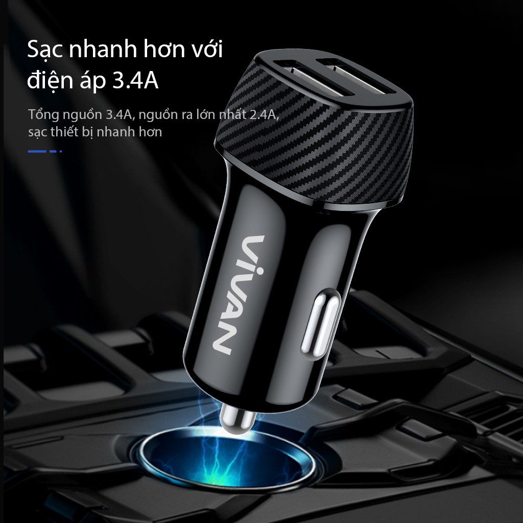 Tẩu sạc oto VIVAN CC02C 2 cổng USB đen- hàng chính hãng bảo hàng 12 tháng