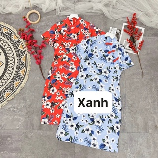Đầm sườn xám gấm vân nổi (3 màu: Hồng/ Vàng/ Xanh)
