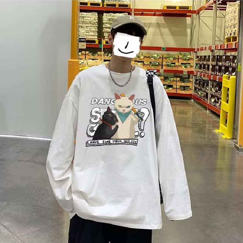 Áo Thun Tay Dài Dáng Rộng In Họa Tiết Hoạt Hình Phong Cách Hip Hop Hàn Quốc Thời Trang Cho Nam Và Nữ Size M-5XL