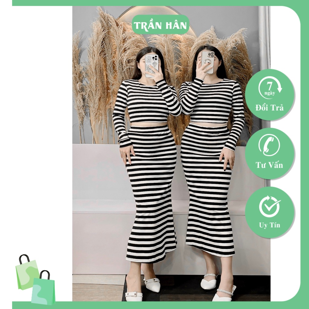 Set bộ body đuôi cá kẻ ngang áo tay dài dáng maxi vải thun lưng chun siêu xinh xắn dễ thương Trần Hân Shop 4012485