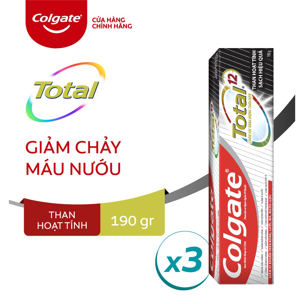 Bộ 3 Kem đánh răng Colgate giảm chảy máu nướu Total than hoạt tính bảo vệ toàn diện 190g/hộp