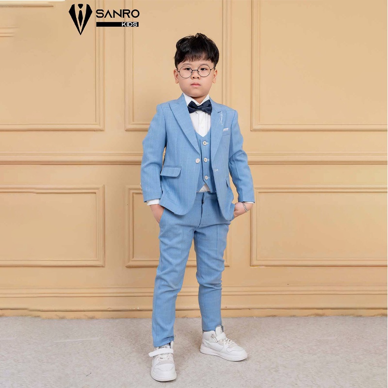 Bộ vest bé trai thiết kế xanh da trời hoạ tiết xước