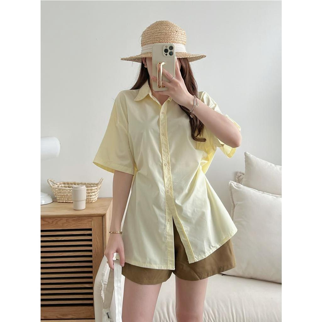 Áo sơ mi nữ tay ngắn form rộng form rộng xẻ vạt khuy sườn, áo sơ mi nữ cộc tay xẻ tà nút sườn form rộng Ulzzang