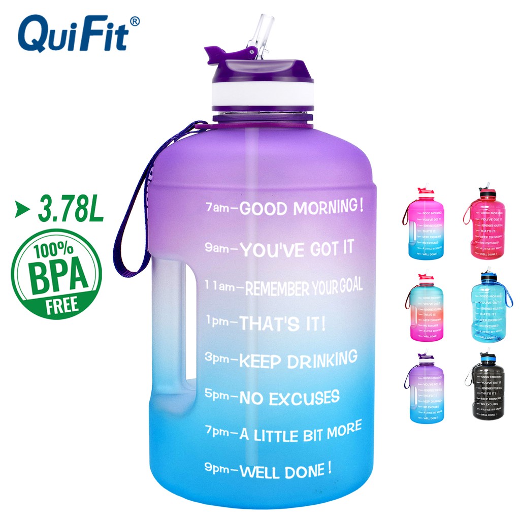 QuiFit 3.78L Bình Uống Nước Miệng Rộng Có Ống Hút Và Mức Đánh Dấu Thời Gian