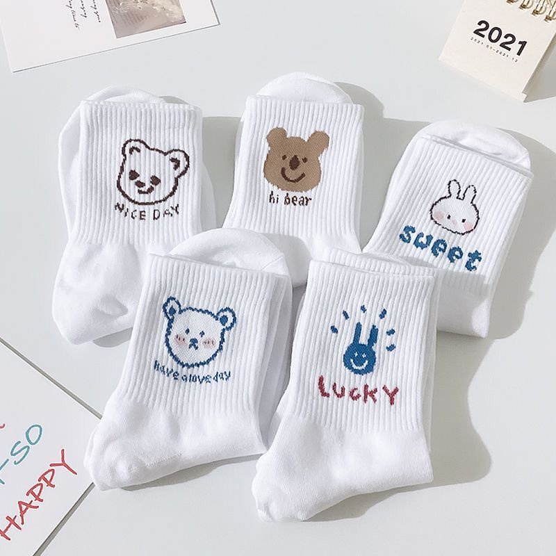 Tất gấu nữ set 10 đôi cổ cao trắng hình gấu Misa phong cách hàn quốc vintage dễ thương