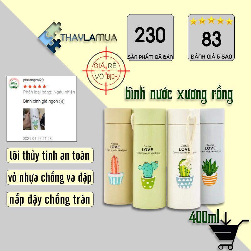 Bình đựng nước lõi thủy tinh dung tích 400ml họa tiết xương rồng xinh xắn (BXR10)