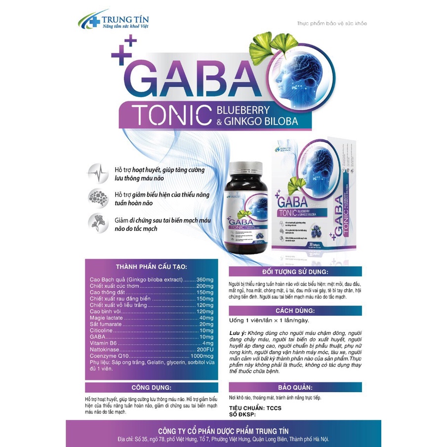 Hoạt huyết dưỡng não cao cấp GABA TONIC - Ginko biloba 360mg, Cao Thông đất hỗ trợ đau đầu, tiền đình, suy giảm trí nhớ