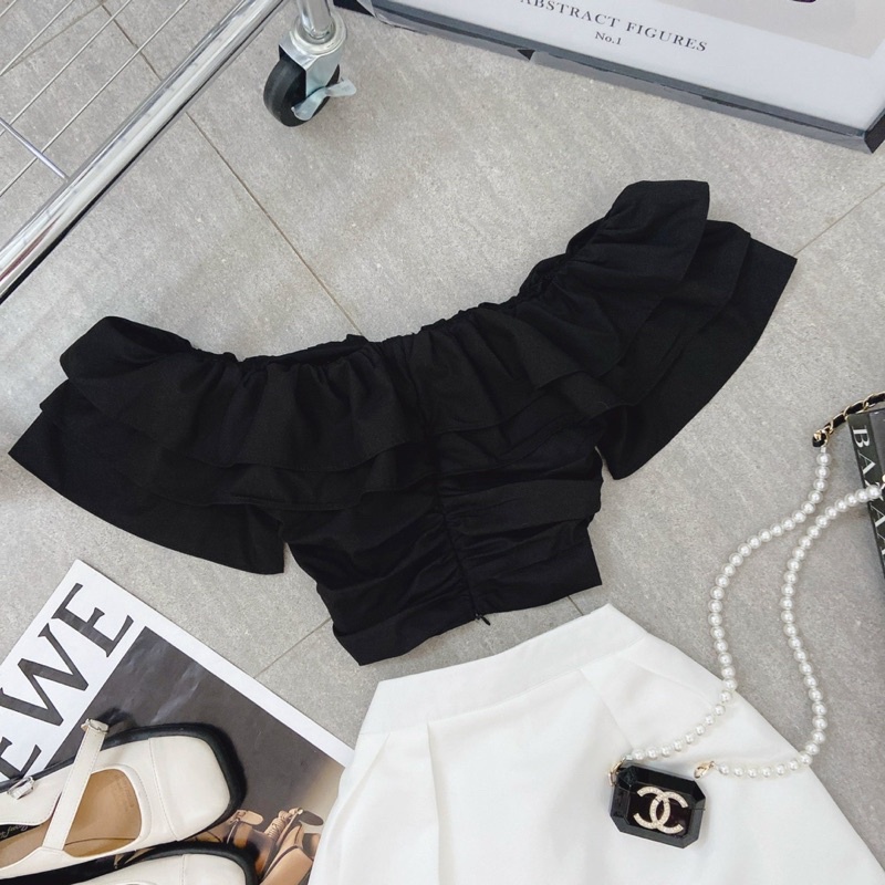 SET ÁO ĐEN BÈO BẸT + CHÂN VÁY TRẮNG MS372