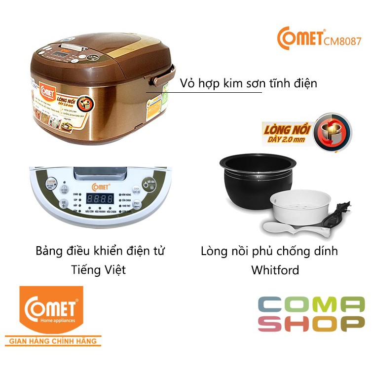 CM8087 - NỒI CƠM ĐIỆN TỬ NẮP GÀI 3D COMET 1.8L (5-6 NGƯỜI ĂN) BẢO HÀNH CHÍNH HÃNG 12 THÁNG