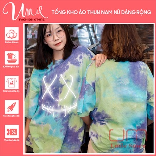Áo Thun Loang Màu TIE-DYE Xanh – Tím Tay Lỡ Form Rộng Unisex In Phản Quang Mặt Cười Ma Quái