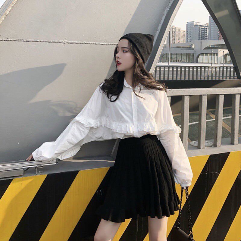 Áo sơ mi trắng bèo ngực tay bồng dáng thụng ulzzang/ Áo sơ mi nữ dài tay oversize