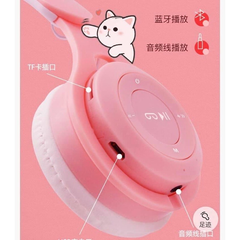 Tai nghe chụp tai Bluetooth 5.0 không dây hình tai mèo phát sáng trong tối