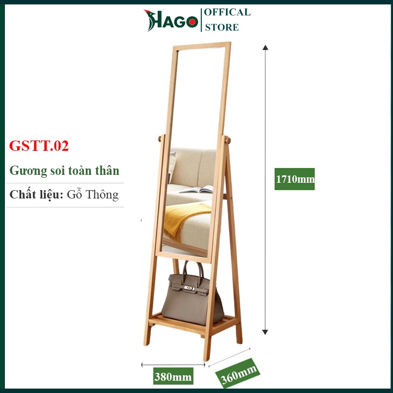 Gương Soi Toàn Thân Khung Gỗ Có Chân Di Động, Gương Đứng Trang Trí Cao Cấp HAGO