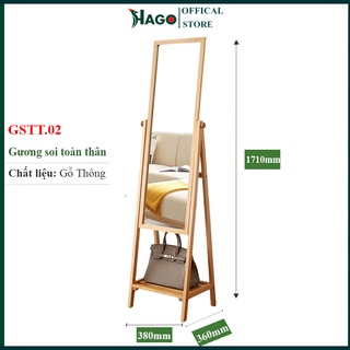 Gương soi toàn thân khung gỗ có chân di động, gương đứng trang trí cao cấp hago