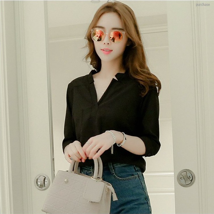 Áo sơ mi nữ trắng công sở Chunxuu thiết kế cổ V tay lỡ túi ngực - SP12