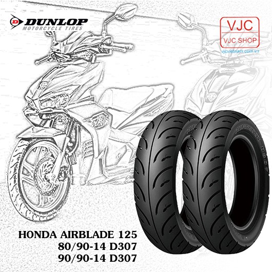 Lốp (vỏ) Airblade 125 trước 80/90-14 TL + sau 90/90-14 TL Dunlop D307 chính hãng