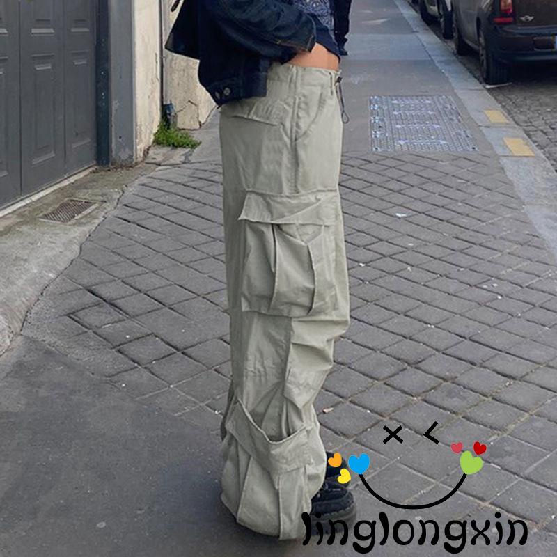 Linglongxi2-quần Dài Dáng Rộng Phối Nhiều Túi Màu Trơn Phong Cách Đường Phố Đơn Giản Dành Cho Bạn Nữ