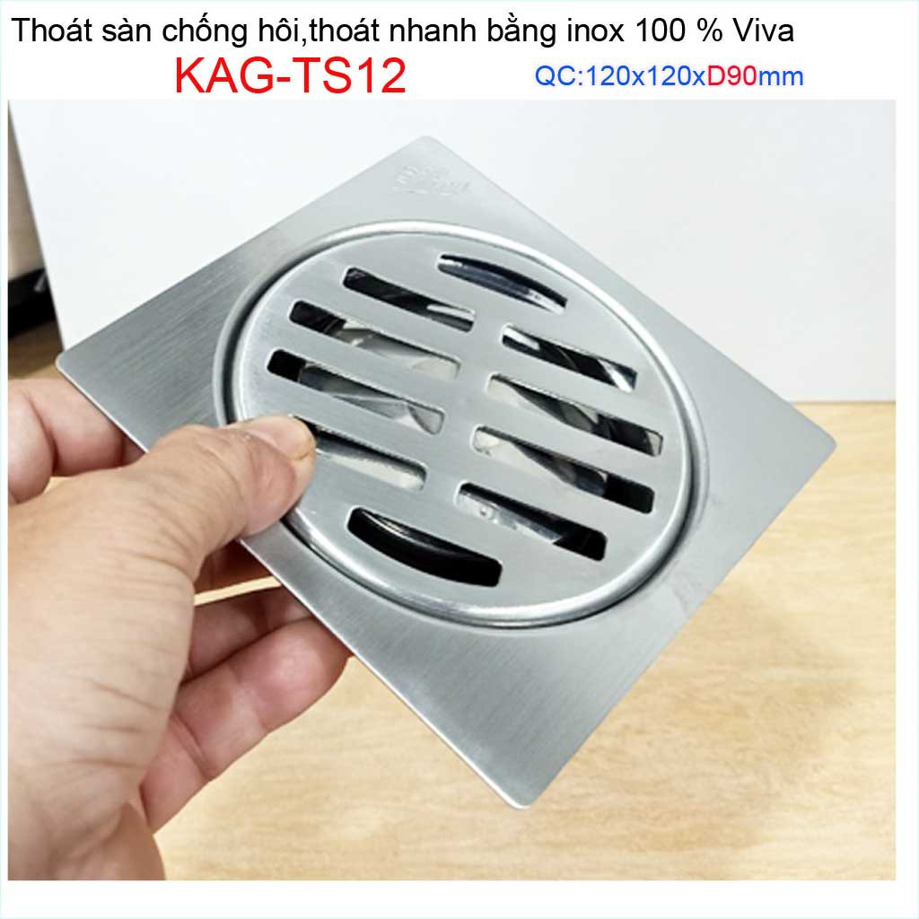 Hố ga thoát sàn Viva ống D90 Inox mờ, phễu thoát nước chống hôi vuông 12x12cm KAG-TS12