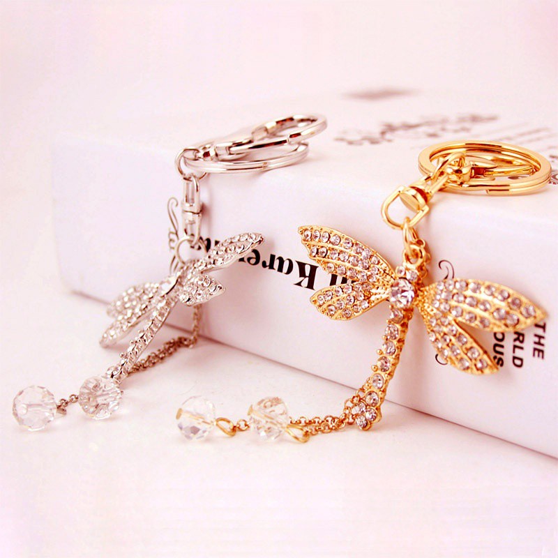 Móc khóa hình chuồn chuồn đính kim cương giả dễ thương