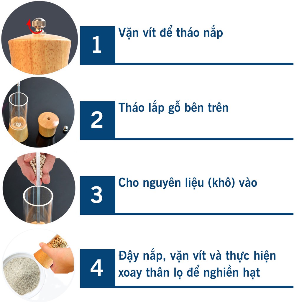 Lọ xay tiêu cầm tay vỏ gỗ sồi thân trong suốt , xay tiêu và muối gia vị cho nhà hàng/gia đình