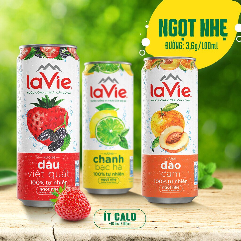 1 Lon nước có ga Lavie Sparkling vị trái cây Chanh bạc hà/Chanh muối/Bưởi mơ/Dưa hấu kiwi/Dâu việt quất/Đào cam 330ml