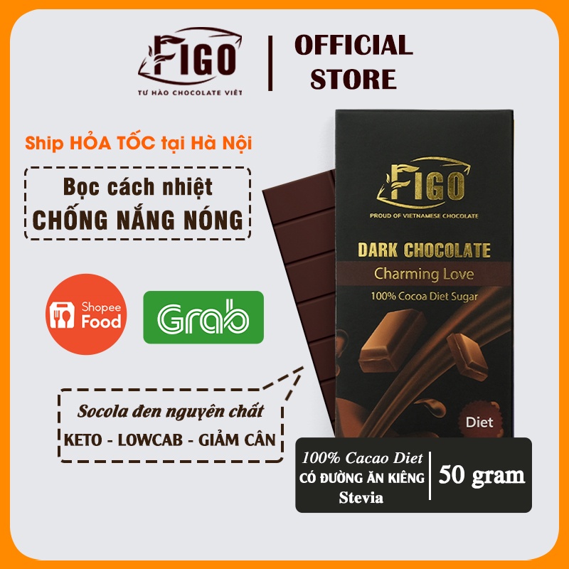 Socola đen đắng 100% Cacao Đường ăn Kiêng Figo, Dark Chocolate 100% Diet Cacao Hộp 50gr